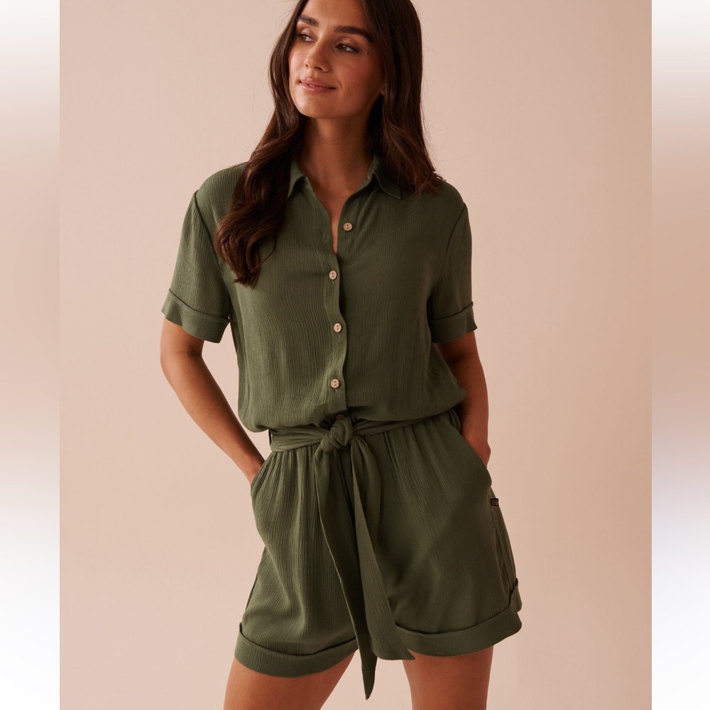 AQUA | Gauze romper in olive green